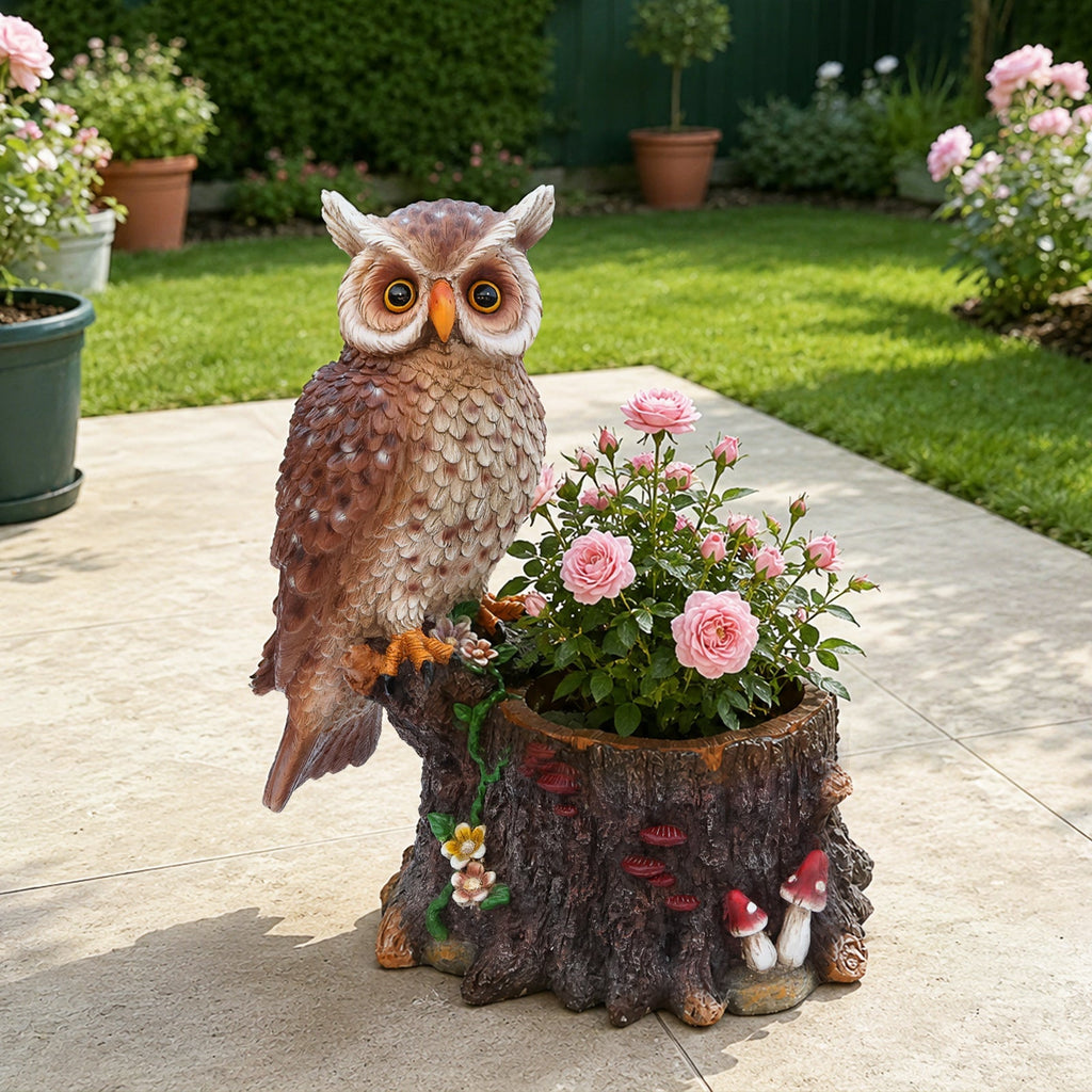Sitting Owl with Tree Trunk Garden Planter