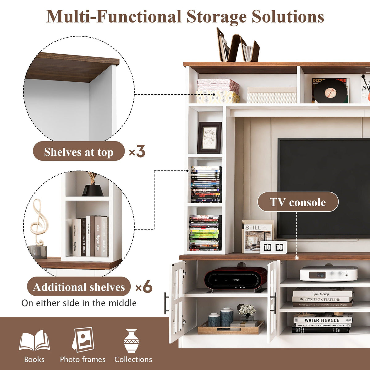 Wall Unit Entertainment Center With Bookshelves For TVs Up To 80", Tempered Glass Doors And Adjustable Shelves