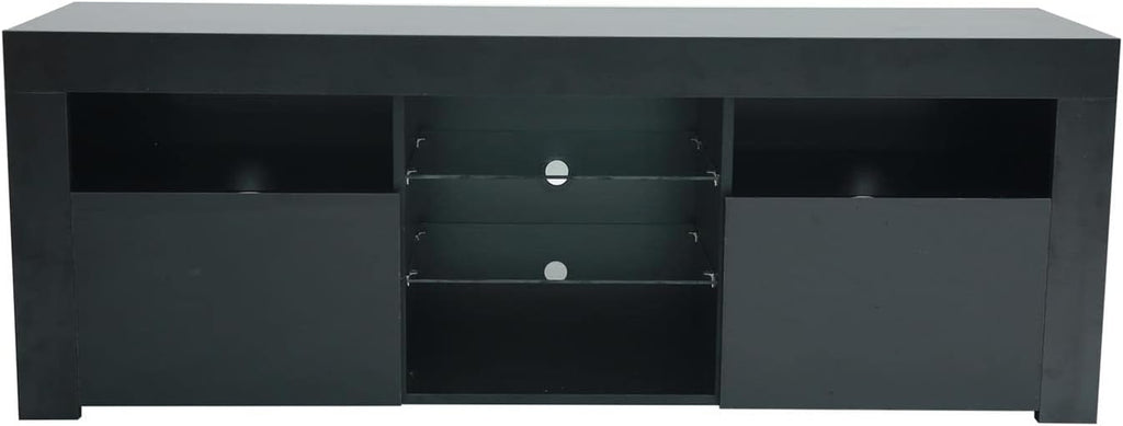 Modern TV Stand,57" TV Console Matte Body High Gloss Fronts with 16 Color Leds,Media Console Entertainment Center for 65 Inch Tv,Wood TV Stand with Storage,2 Doors & 2 Open Cabinets (Black)