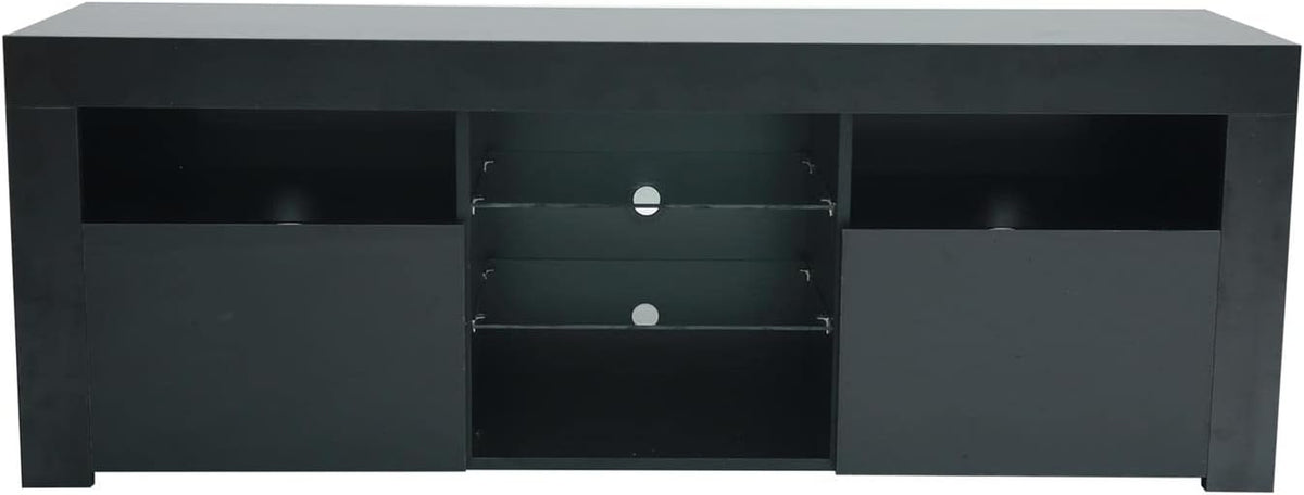 Modern TV Stand,57" TV Console Matte Body High Gloss Fronts with 16 Color Leds,Media Console Entertainment Center for 65 Inch Tv,Wood TV Stand with Storage,2 Doors & 2 Open Cabinets (Black)