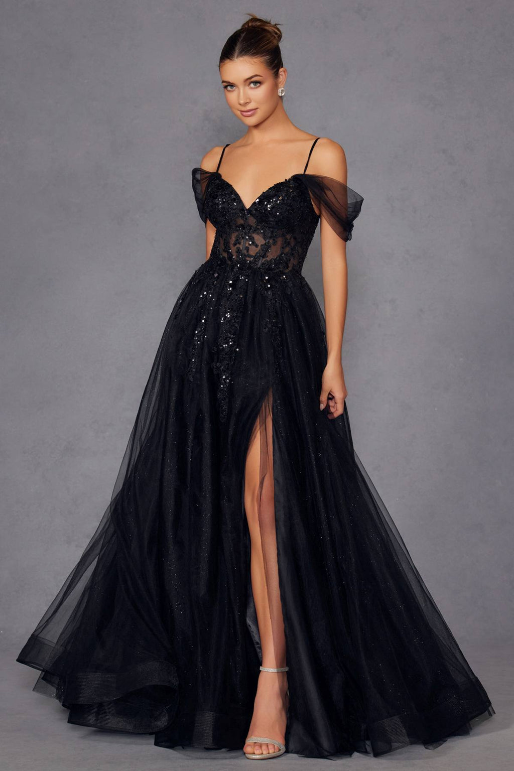 Juliet JT2466A Long Cold Shoulder Sweetheart Corset Bodice A-Line Gown