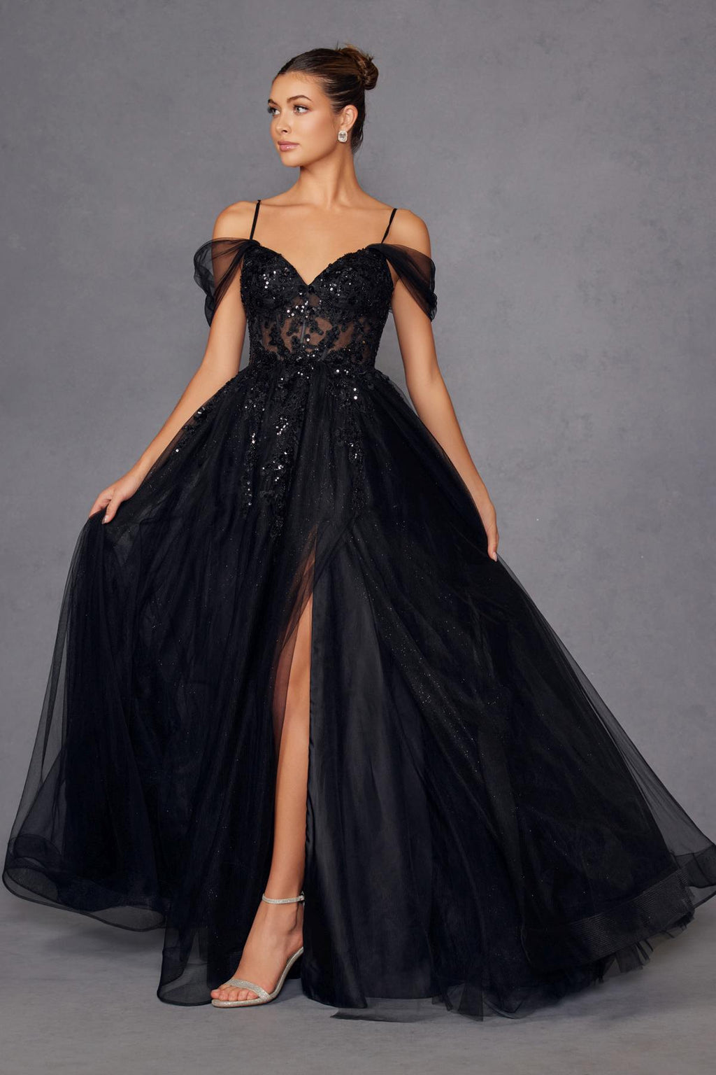 Juliet JT2466A Long Cold Shoulder Sweetheart Corset Bodice A-Line Gown