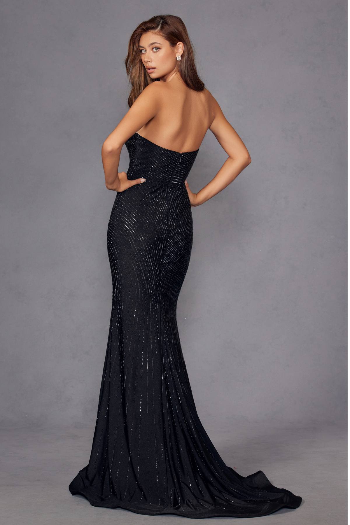 Juliet JT2472R Long Strapless Rhinestone Details Sweetheart Fitted Gown