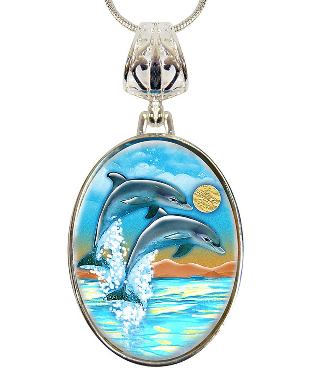 Flying Dolphins Silver Plated Jewelry Mother of Pearl Pendant Necklace - 44011