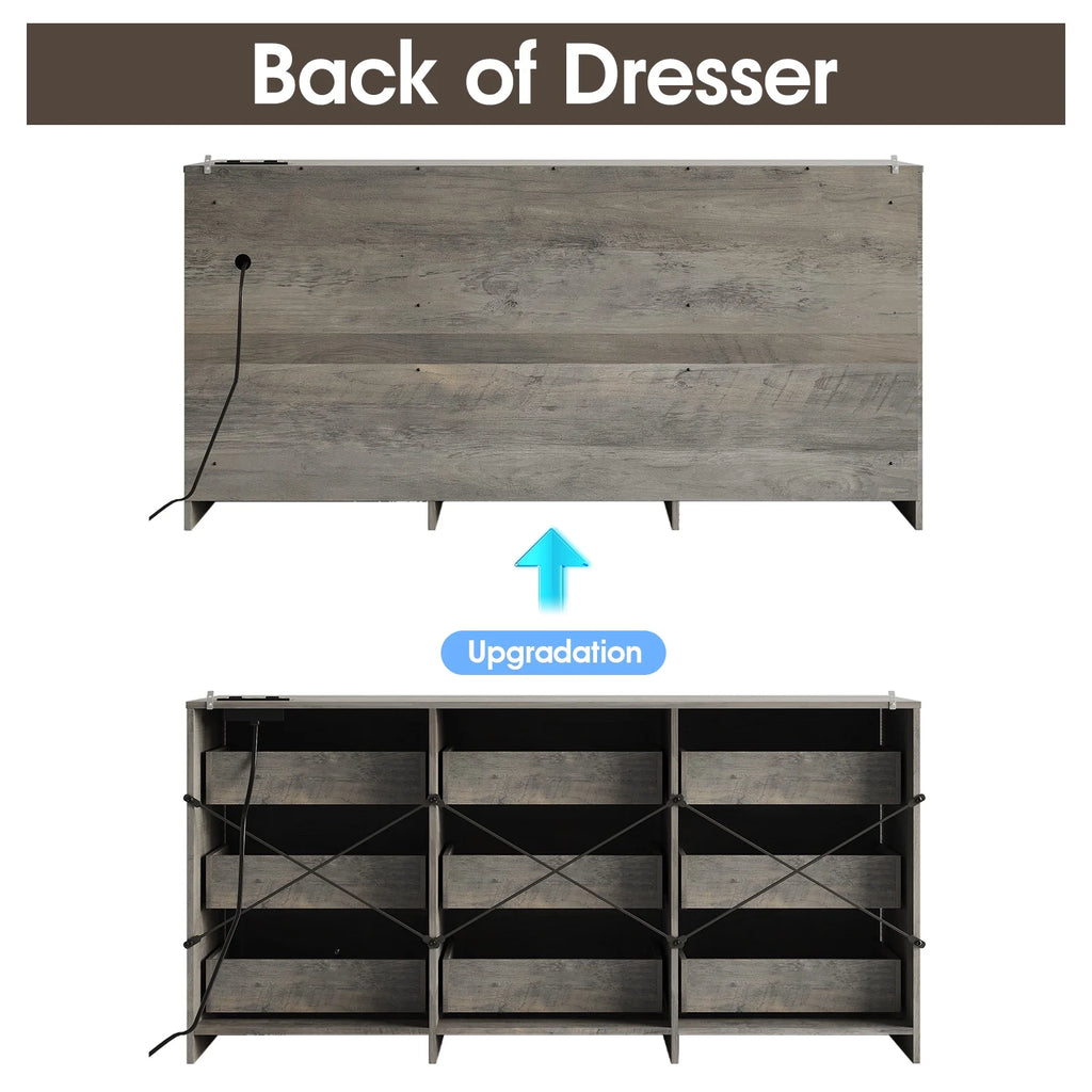 Dresser for Bedroom 9 Drawer Wide Dresser with Charging Station,Grey