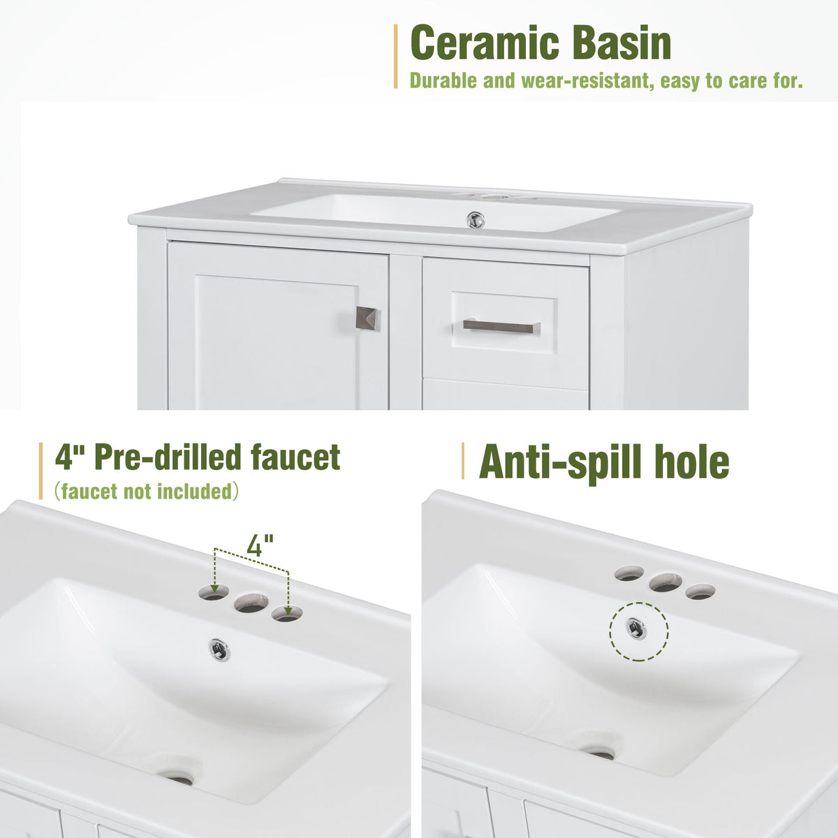 Bathroom Vanity & Tall Storage Cabinet Set With Doors, Adjustable Shelves, Soft Close Hinges, Sink