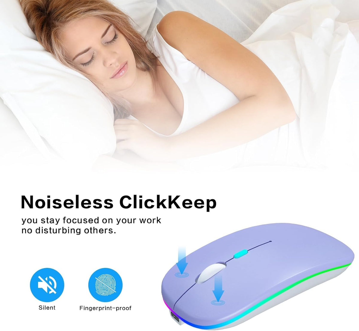 Wireless Bluetooth Mouse, Rechargeable, Dual Mode Bluetooth 5.2 & 2.4G USB, LED Lights, Slim, Silent, Portable Computer Mouse for Laptop, PC, Macbook, Ipad, Tablet (Purple)