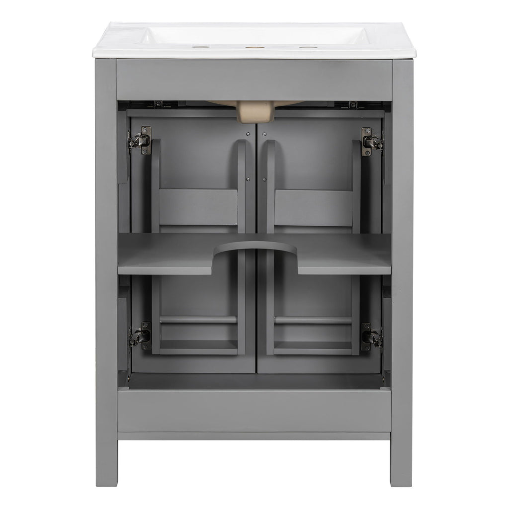 Bathroom Vanity With Ceramic Sink, Soft Close Doors, Flip Drawer, Double Layer Door Shelves