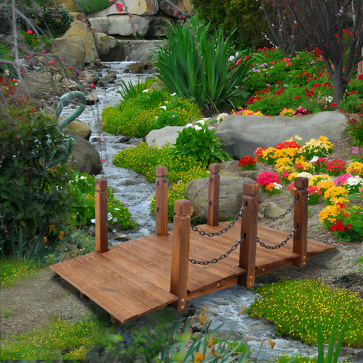 5 Ft Wooden Garden Bridge, Stained Wood Arc Footbridge with Chain Railings