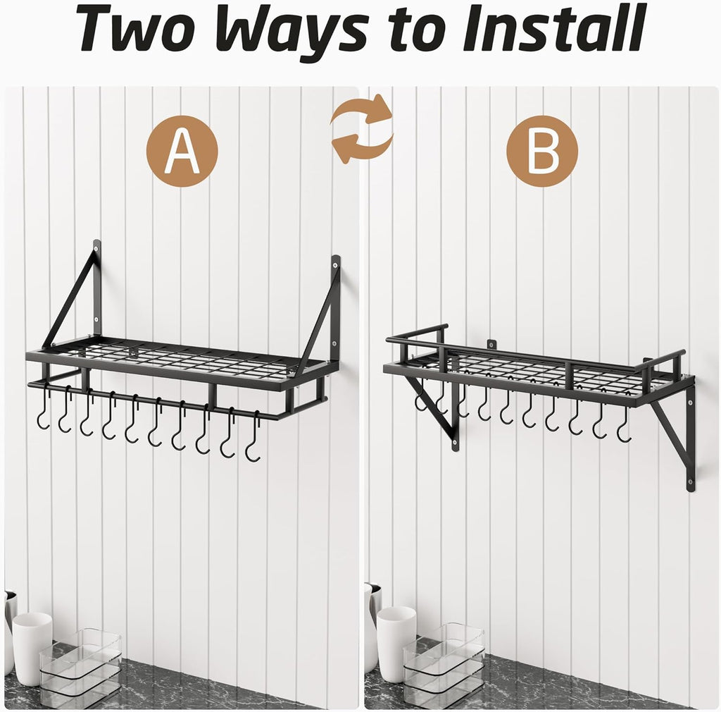 Ceiling Pot Rack 34-Inch Hanging Pot Rack for Kitchen 24 Inch Kitchen Pot Pan Rack Wall Mounted, KUR221S85-BK+KUR215S60-BK-NEW