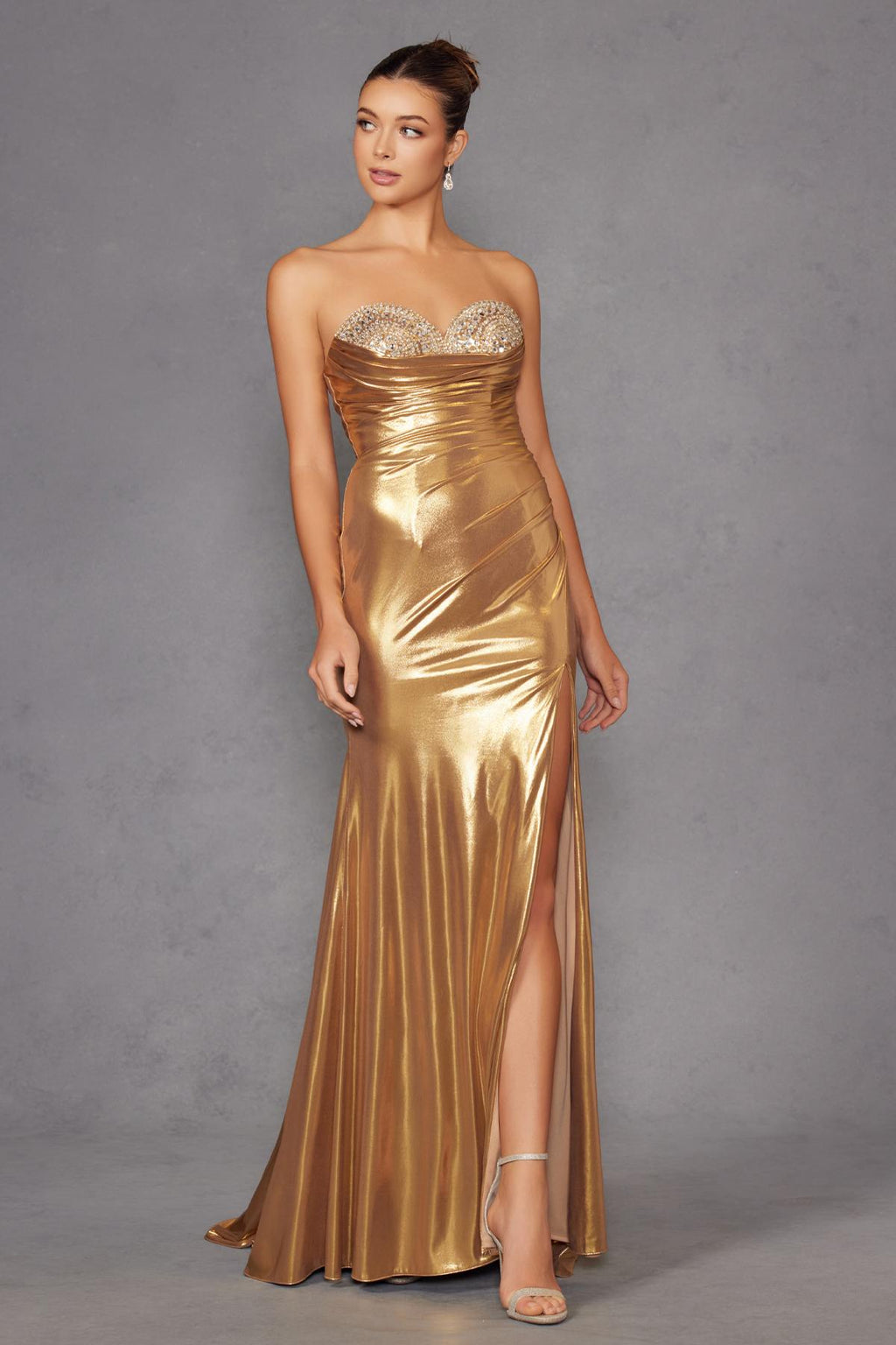 Juliet JT2501A Long Strapless Beaded Sweetheart Fitted Metallic Gown