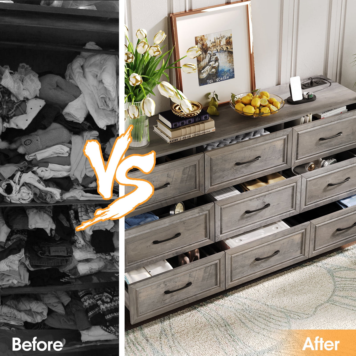 Dresser for Bedroom 9 Drawer Wide Dresser with Charging Station,Grey