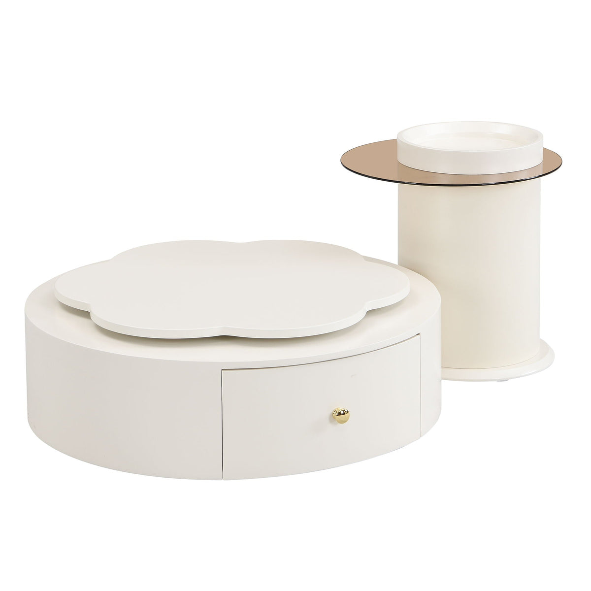 Modern Round Coffee Table (Set of 2), 360 Degree Rotatable Flower Shaped Top With 2 Drawers, Top Circle Side Table End Table With Glass For Living Room - Off White
