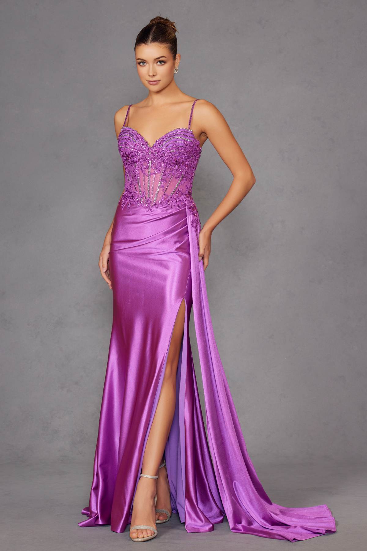 Juliet JT2535K Long Fitted Boned Corset Sweetheart Neck Side Slit Gown