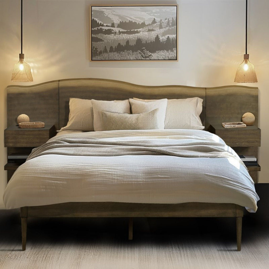 Queen Size Platform Bed Frame With Live Edge Headboard, Built In Nightstands - Dark Brown