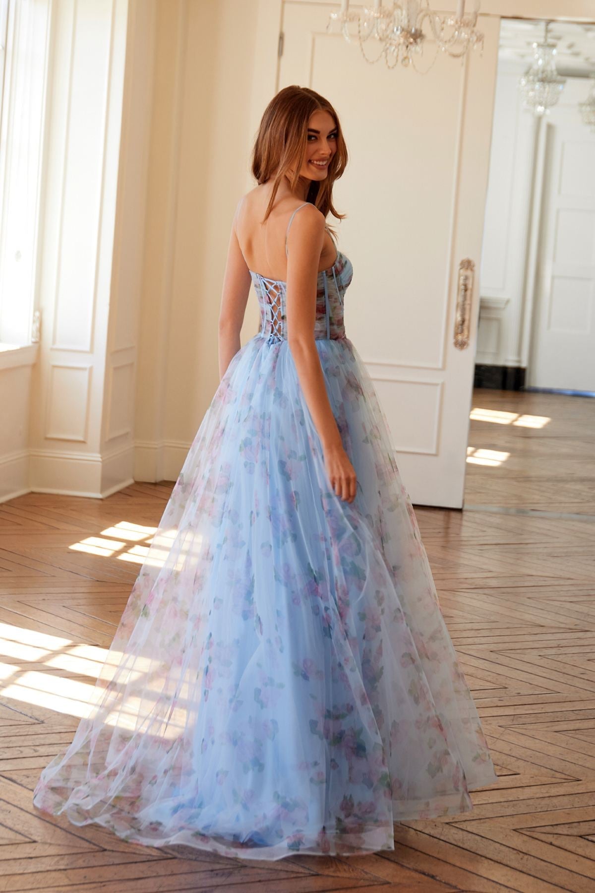 Juliet JT2562S Floral Print Strapless A-Line Tulle Gown
