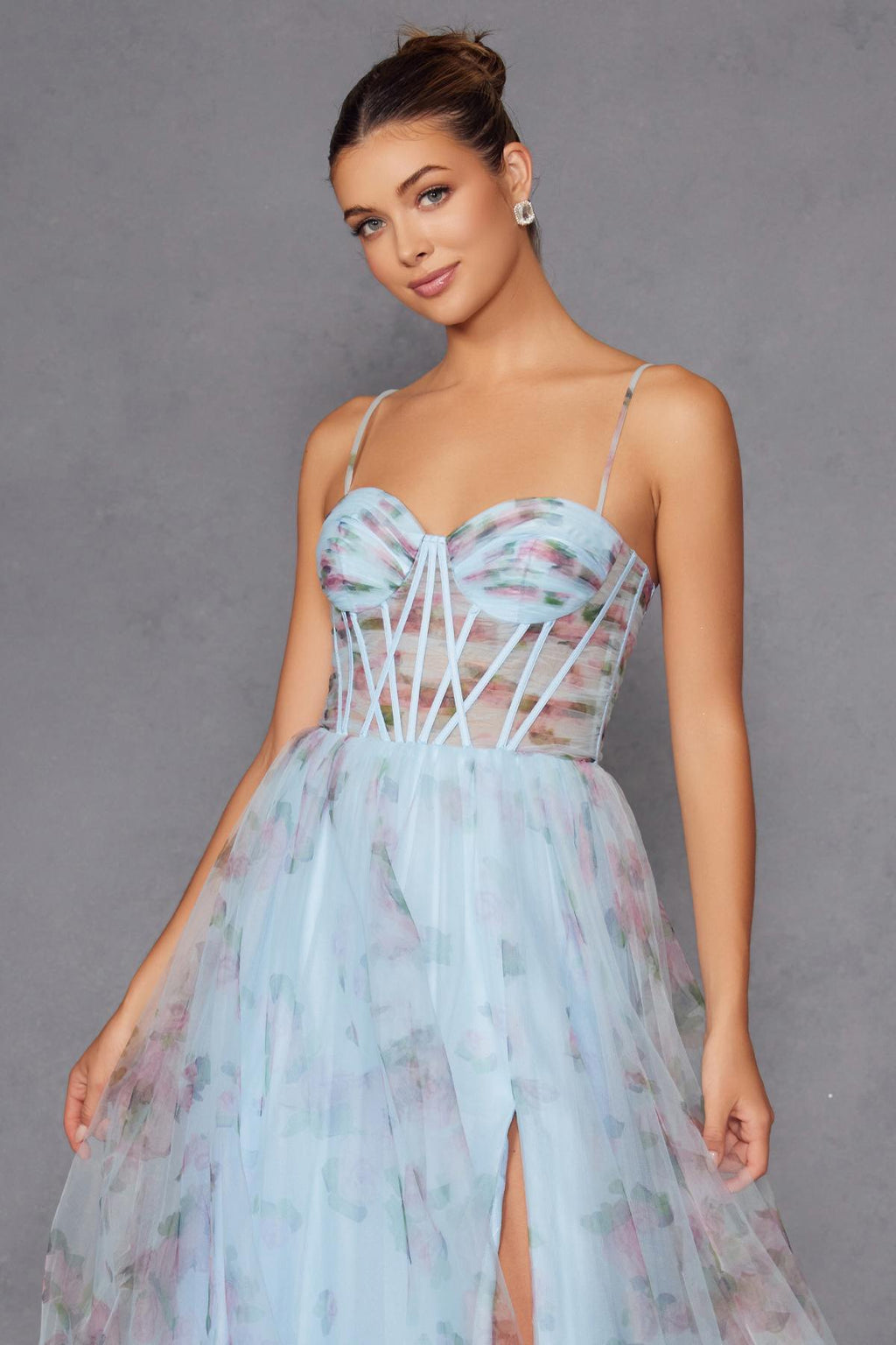 Juliet JT2562S Floral Print Strapless A-Line Tulle Gown