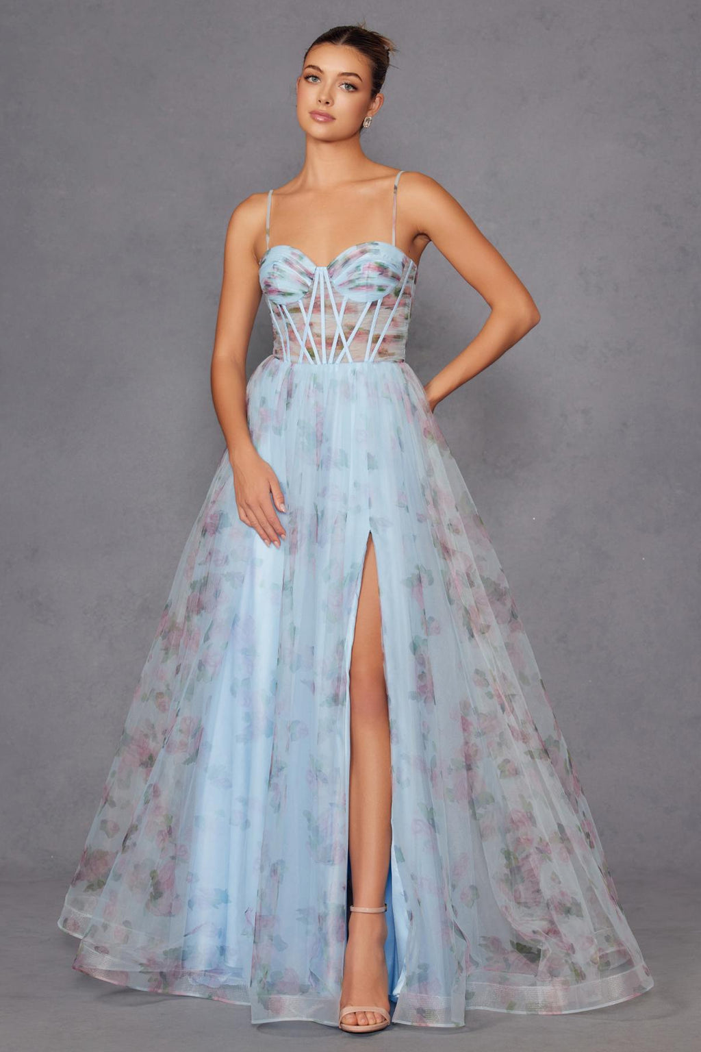 Juliet JT2562S Floral Print Strapless A-Line Tulle Gown