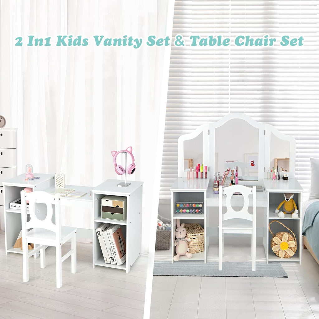 Kids Vanity, 2 in 1 Princess Makeup Desk & Chair Set with Tri-Folding Detachable Mirror, Large Storage Shelves, Wooden Pretend Play Dressing Table for Girls