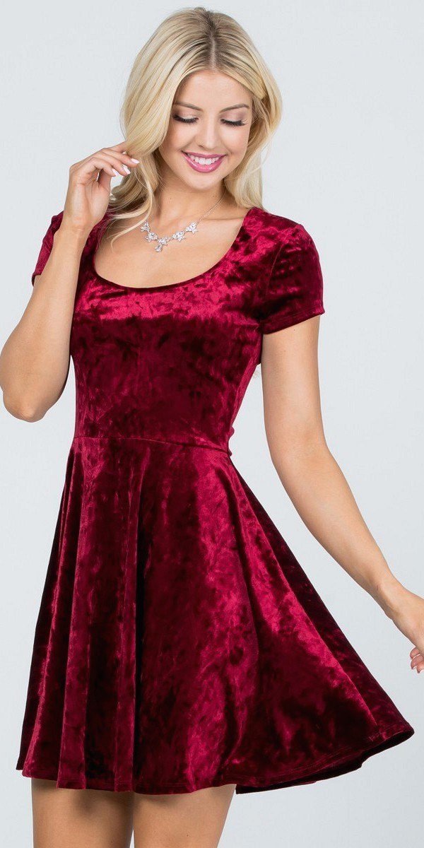 CLEARANCE - La Scala 25821 Crushed Velvet Short Sleeve Red Skater Dress (Size XL)