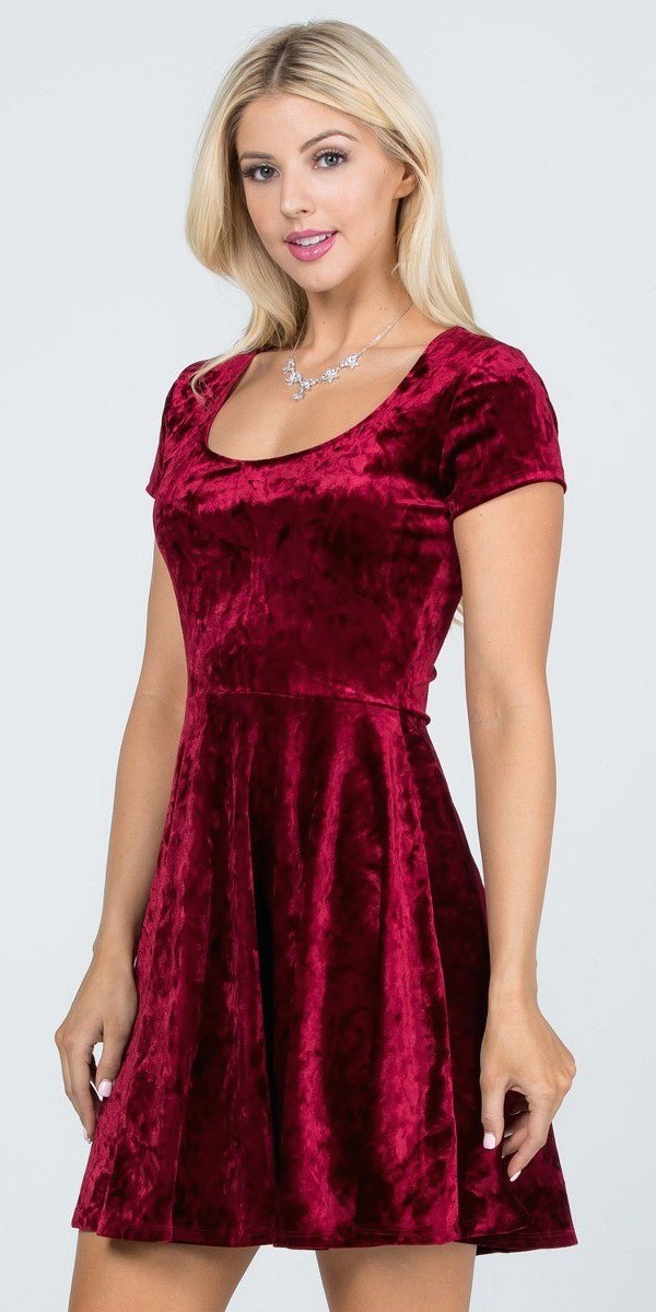 CLEARANCE - La Scala 25821 Crushed Velvet Short Sleeve Red Skater Dress (Size XL)