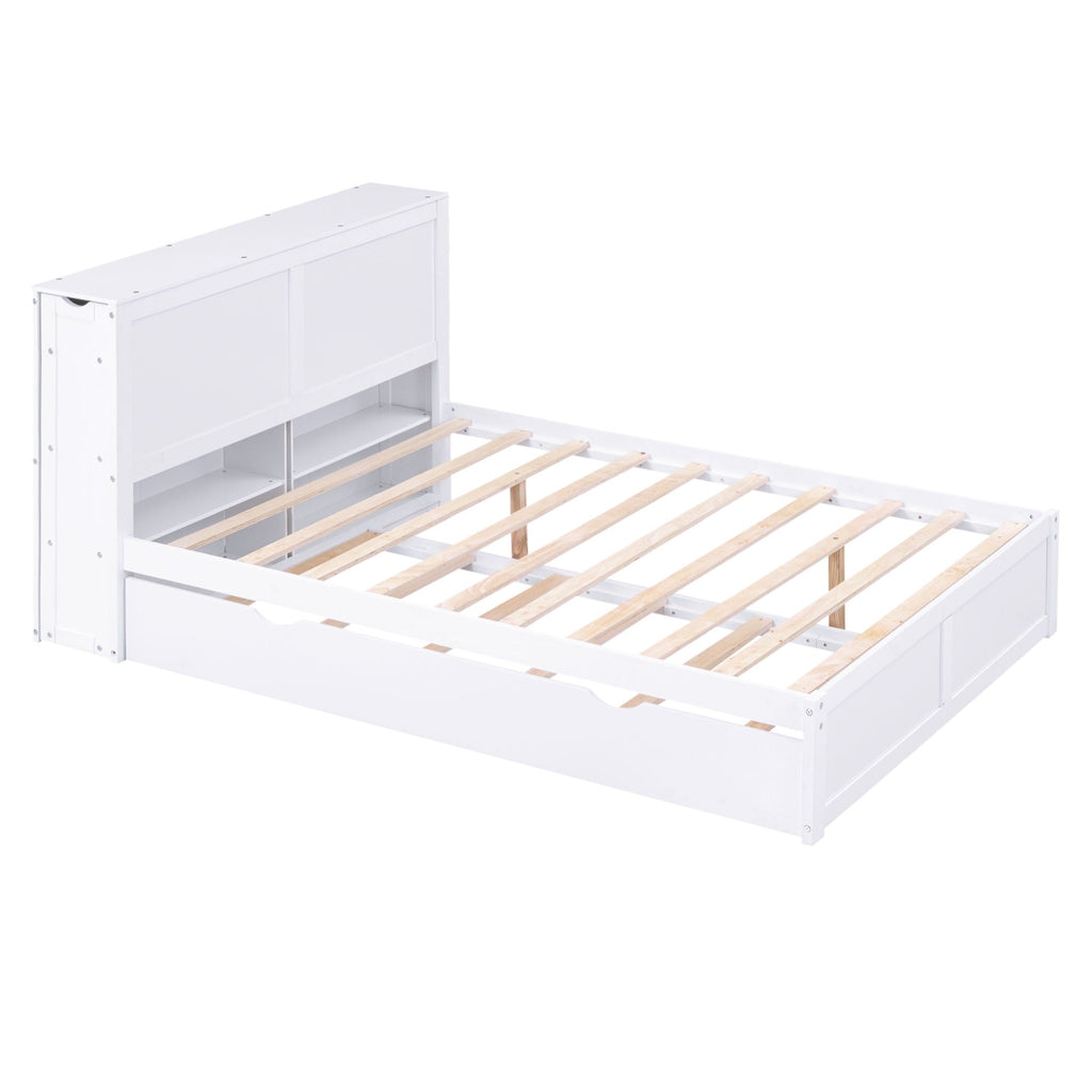 Storage Platform Bed With Pull Out Shelves And Trundle