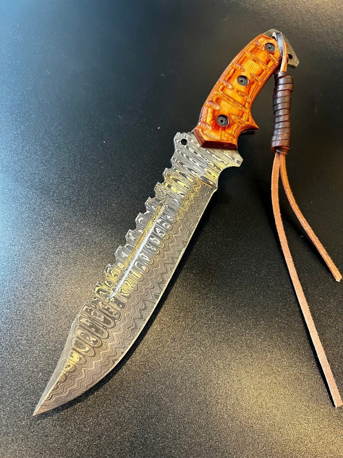 Custom Handmade Damascus Steel Fighter Bowie Knife with Exotic Wood Handle and Leather Sheath