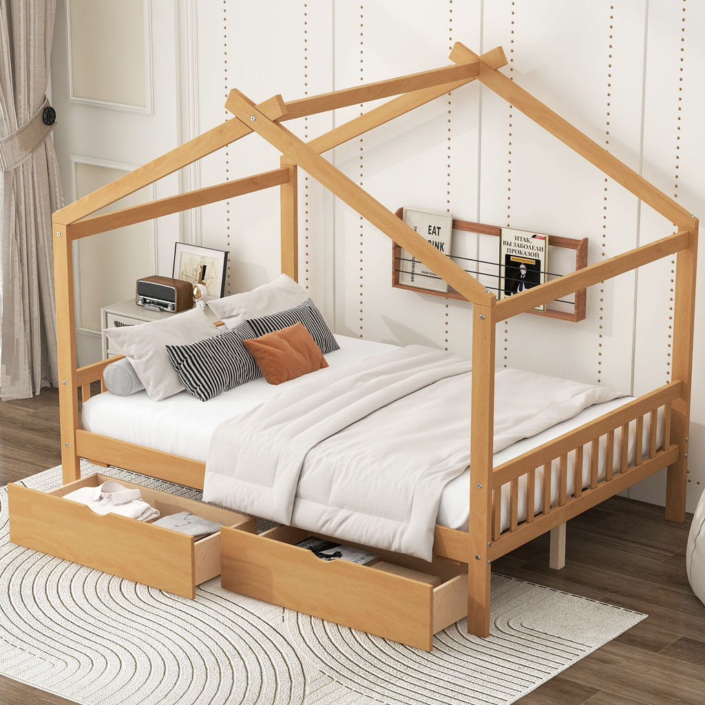 House Style Platform Bed With Headboard, Footboard, 2 Drawers, And Roof Design