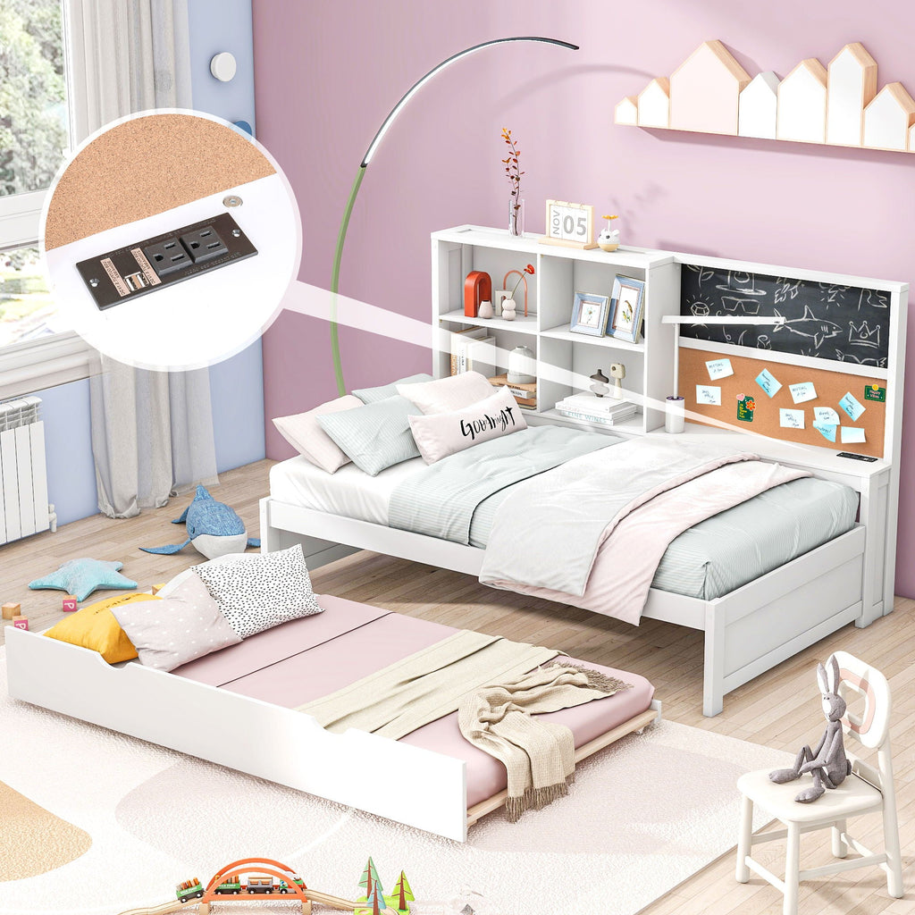 Twin Size Daybed With Storage Shelvesboard, Cork Board, USB Ports And Trundle - White