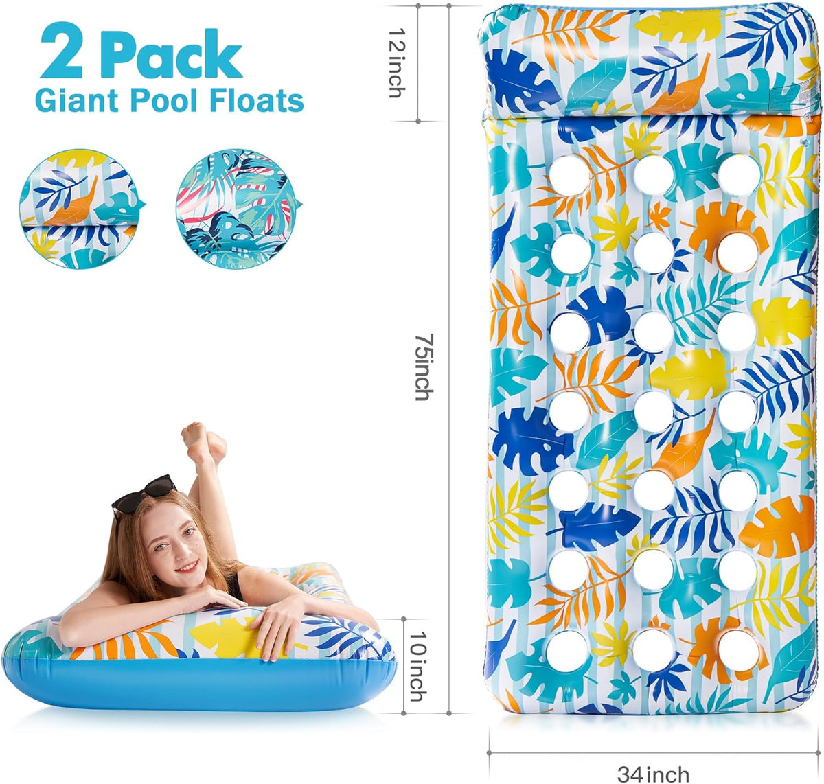 2 Pack Inflatable Pool Float Mat, Giant Pool Floats Adult Size with Headrest, Lake Float Raft Water Lounger, Multi-Purpose Swimming Pool Floats for Pool Party, Summertime Beach, Outdoor