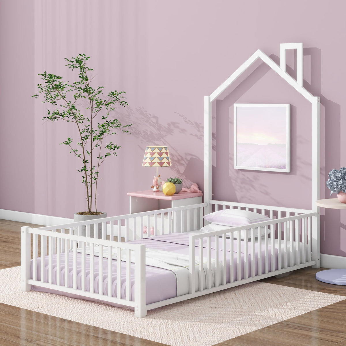 Metal House Platform Bed With Guardrail And Chimney