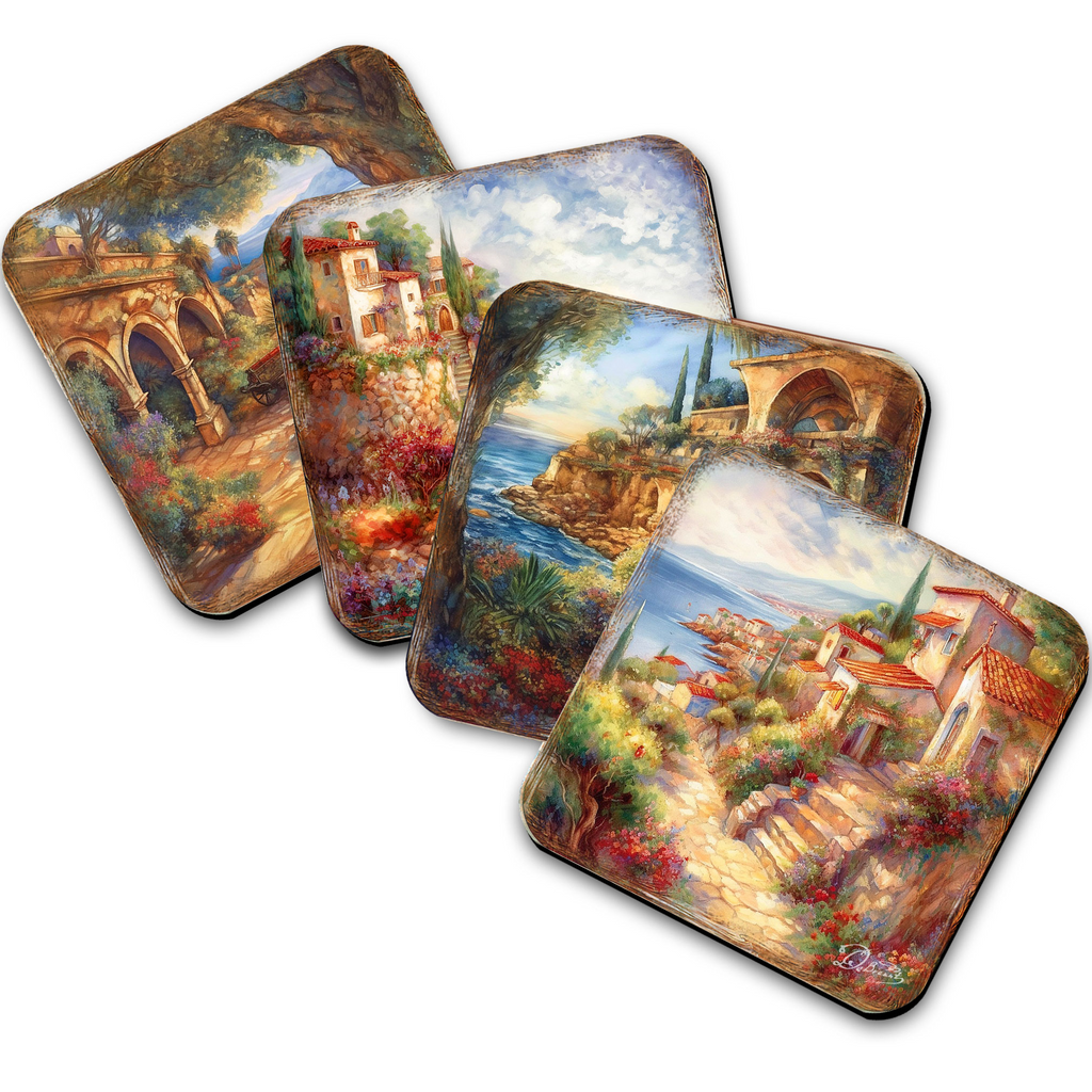 Mediterranean Sea-side Wooden Cork Coasters Gift Set of 4 by G. Debrekht - Coastal Holiday Decor  - 8199475C-S4