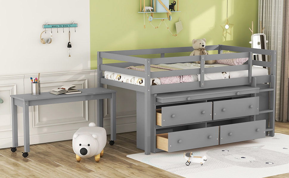 Loft Bed With Retractable Writing Desk And 4 Drawers, With Lateral Portable Desk And Shelves