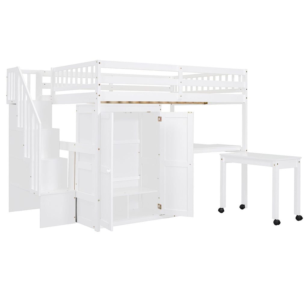 Loft Bed With Stairs, Bookshelf, Drawers, Desk & Wardrobe, Space Saving Multifunctional Furniture