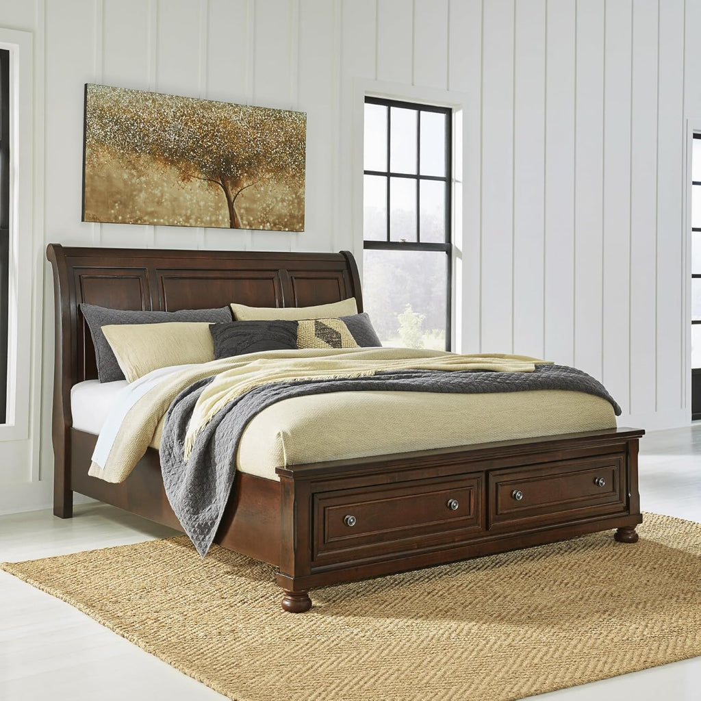 Signature Design by Ashley Porter Traditional 2-Drawer King Sleigh Storage Bed with Bun Feet, Foundation or Box Spring Not Needed, Dark Brown