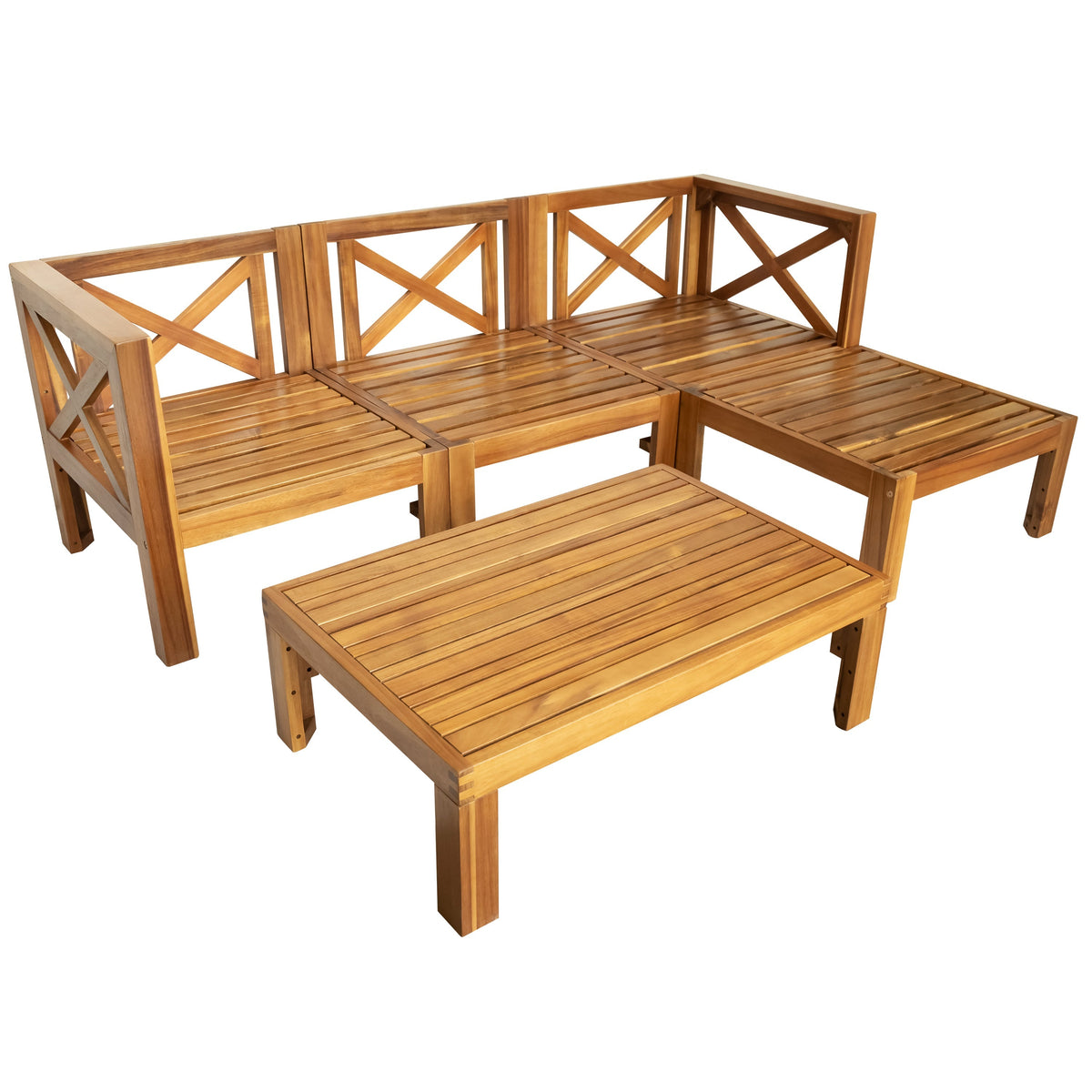 TOPMAX Outdoor 5-Piece Wood Sectional Patio Sofa Set with Blue Cushions