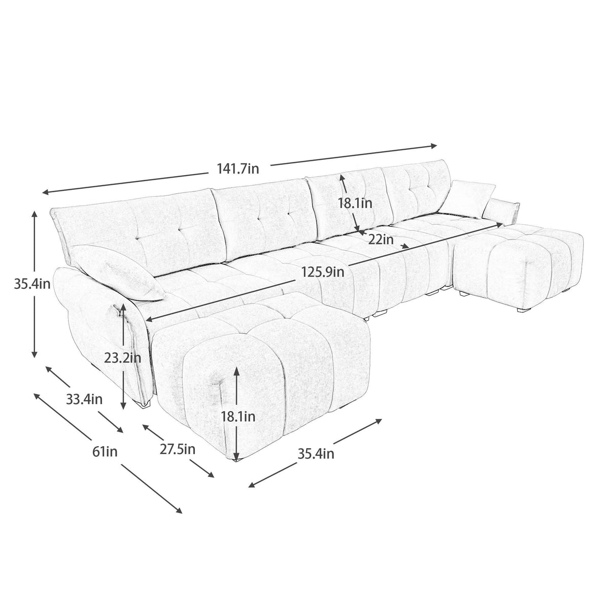 Sofa Set With Ottoman And Pillows, Textured, High Resilience Cushions