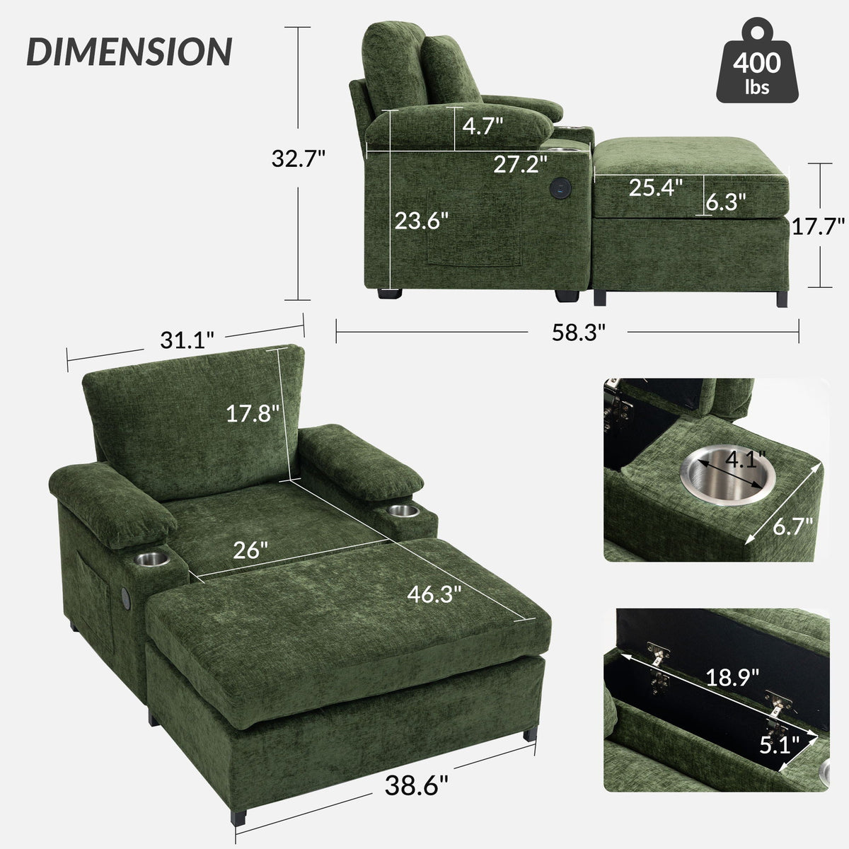 Fabric Sofa Bed With Cupholders And USB Charging Ports Chair For Living Room