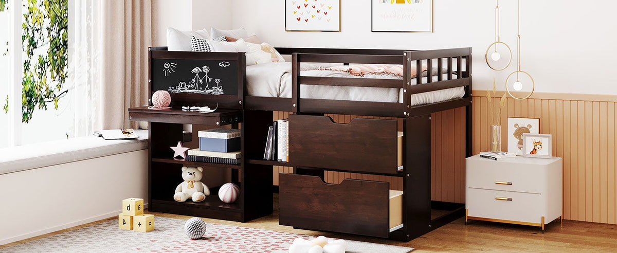 Low Loft Bed With Rolling Desk, Shelf And Drawers