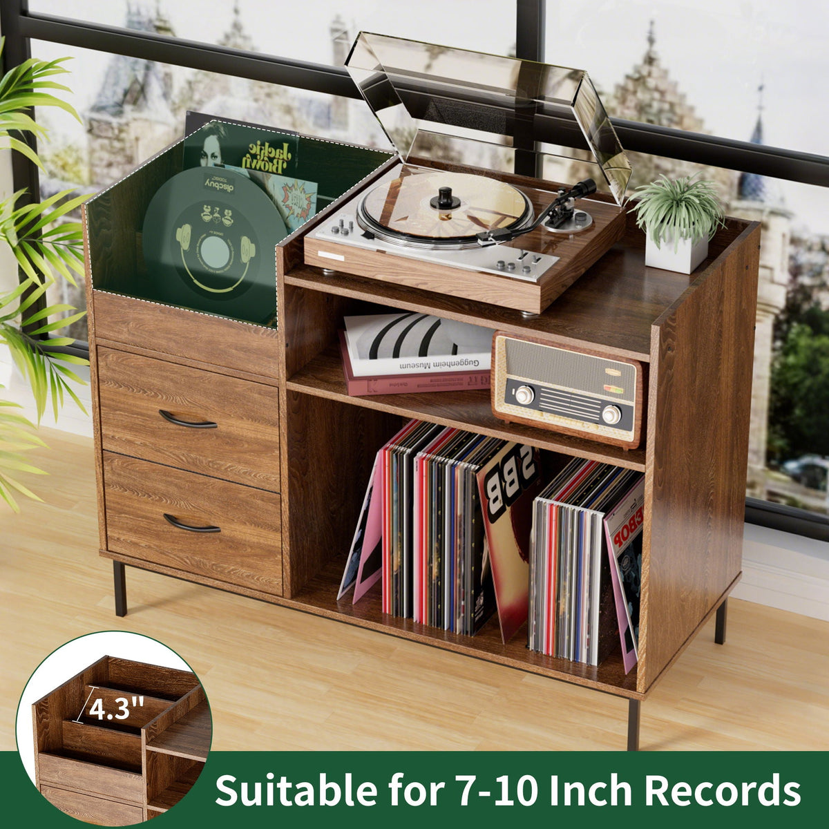 Eco-Friendly Vinyl Record Player Stand With Flip-Top Storage, Media Console With Dual Outlets And Dustproof Drawers