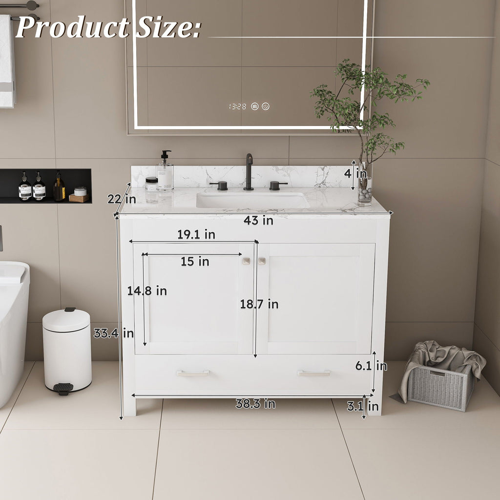 43" Bathroom Vanity With Artificial Marble Carrara Top Set, Multi Functional Bathroom Cabinet With Doors And Drawer - White