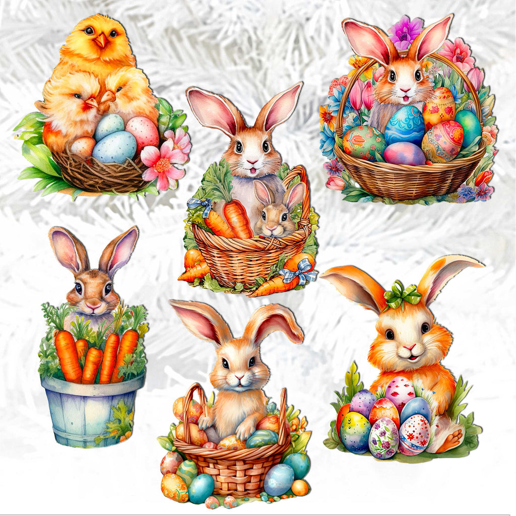 Eggs and Bunnies Clip-On Eco Wood Decorative Ornaments Set of 6 by G. Debrekht - Easter Decor - 8090057C-S6
