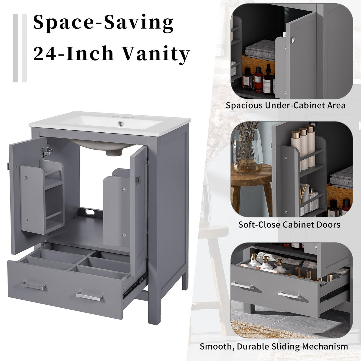 Bathroom Vanity With Integrated Undermount Ceramic Sink, 2 Doors And 1 Drawer, Soft Close Hinges