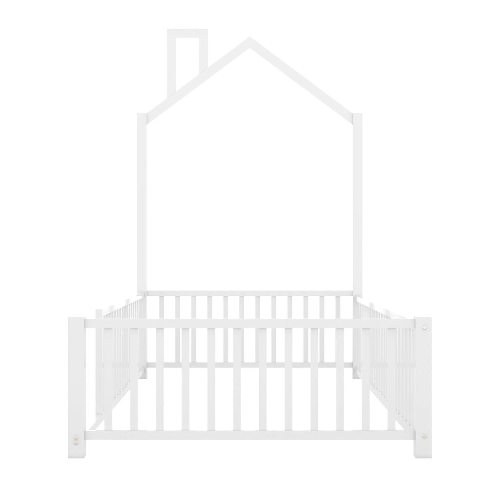 Metal House Platform Bed With Guardrail And Chimney