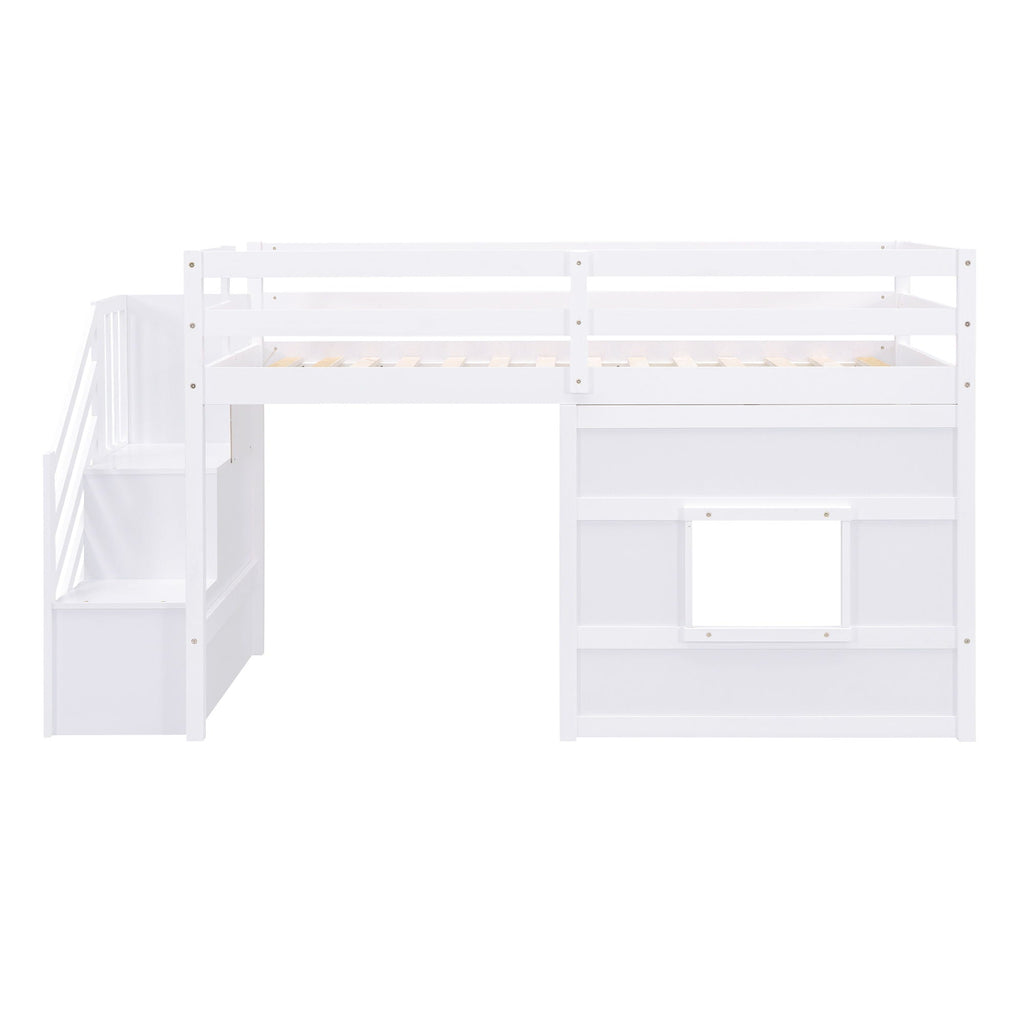 Loft Bed With Storage Staircase, Window & LED Light