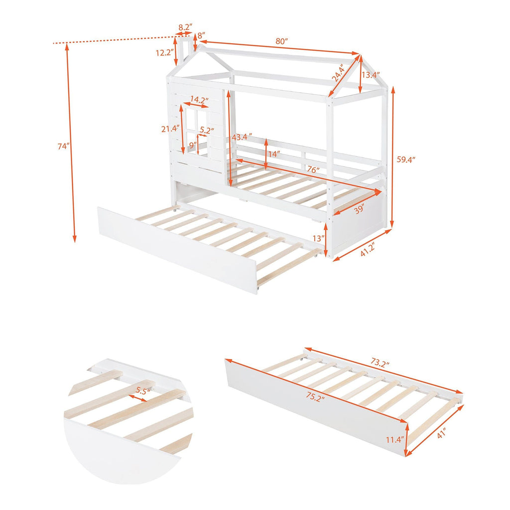 Twin Size Classic House Bed With Twin Size Trundle - White