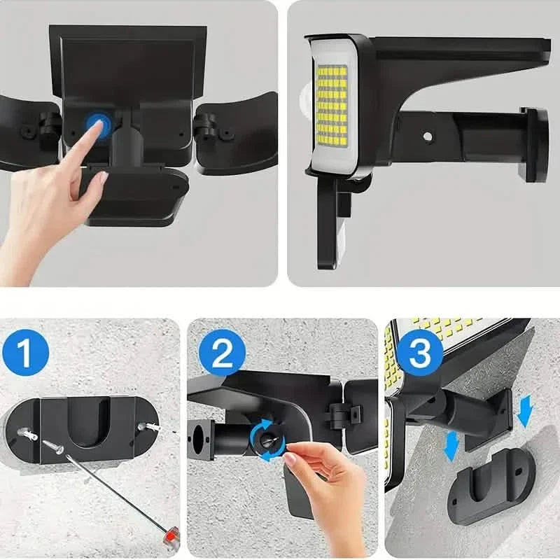 278LEDs 3000LM Motion Sensor 6500K Solar Powered, 4 Heads Security Flood, 300° Wide Angle Wall With 3 Modes