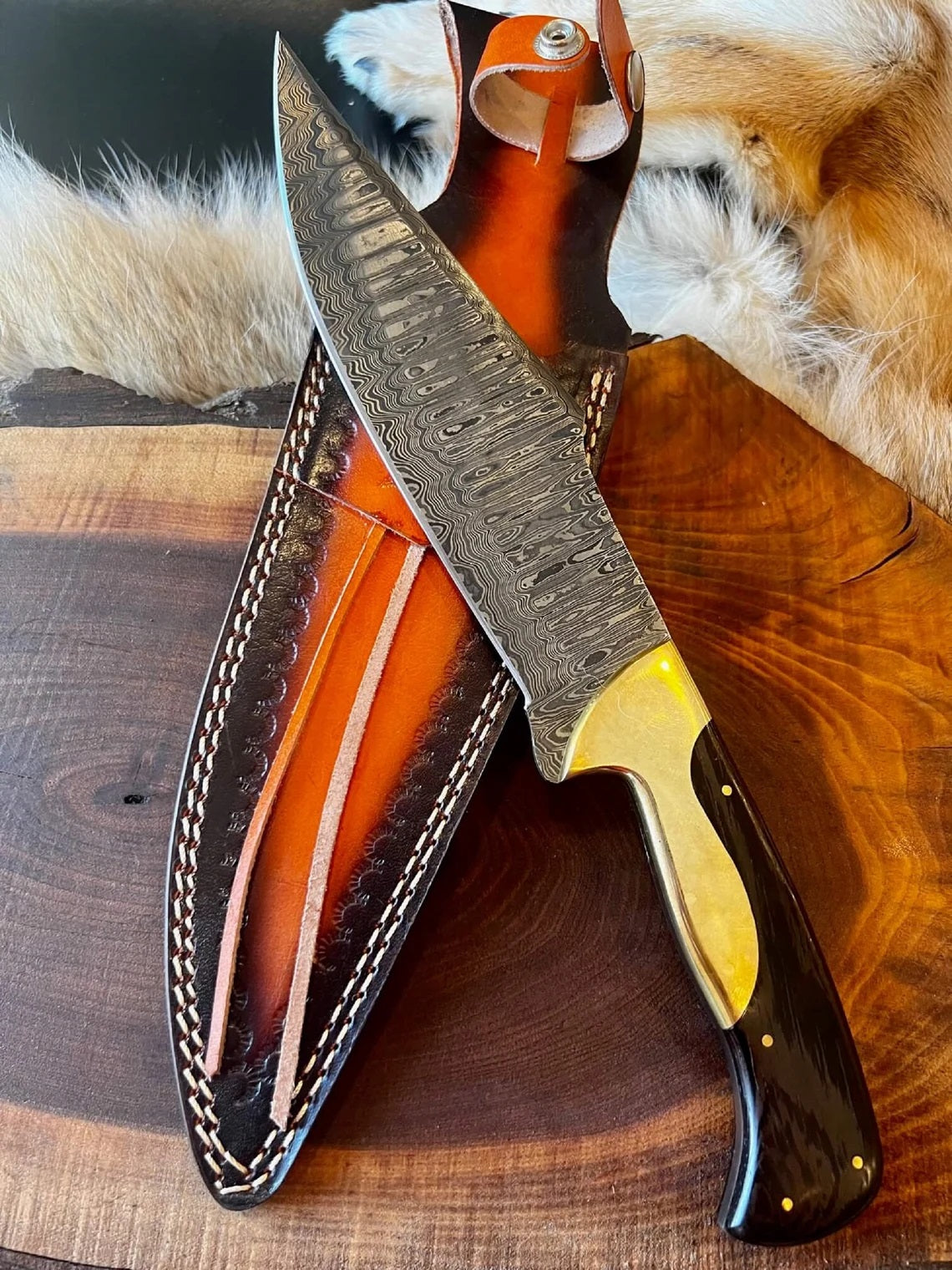 Custom Handmade Damascus Steel Bowie Knife with Wenge Wood and Brass Bolster Handle