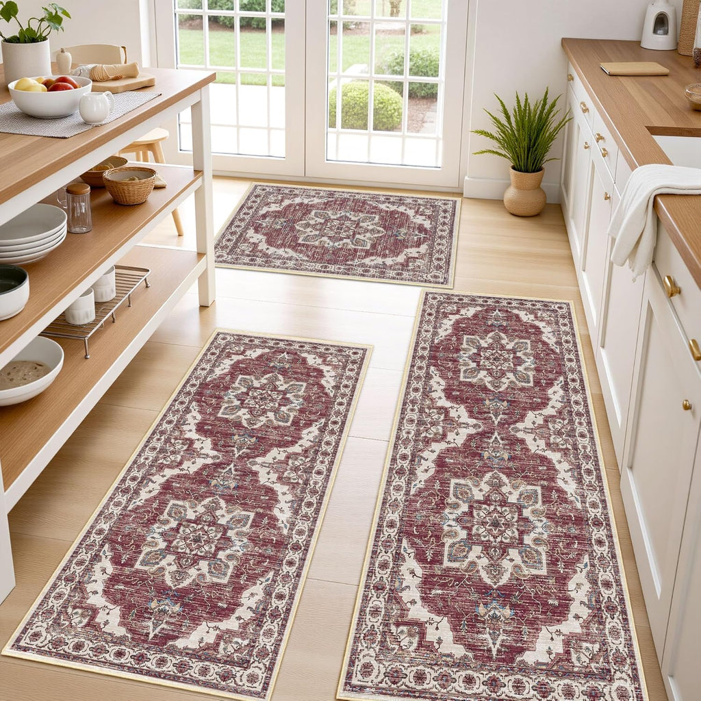 Non Slip Kitchen Rugs Sets of 3 Washable Kitchen Rug Boho Kitchen Mats for Floor Soft Kitchen Runner Rug Non Skid Kitchen Floor Carpet for Entryway Hallway Laundry Room, Brick Red