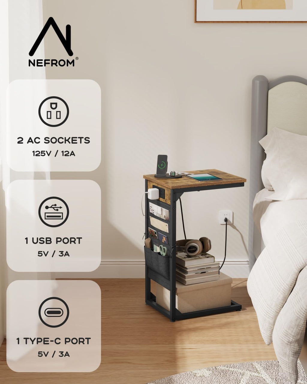 C-Shaped End Tables Set of 2, Small Couch Side Table with Fast-Charging Station, Sofa TV Tray Table with Storage Bag for Living Room, Bedroom, Bedside ET-BR-2